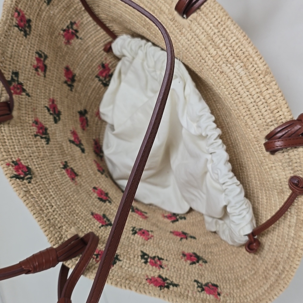 Sezane Justine Basket Bag Embroidered Pink Flowers Raffia - Picture 12 of 14